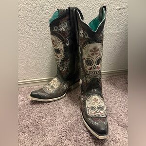Embroidered leather Skull Corral Cowboy Boots